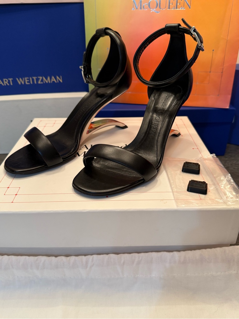 Alexander McQueen Black Leather Ankle-Strap Sandals with Sculpted Metallic Heel